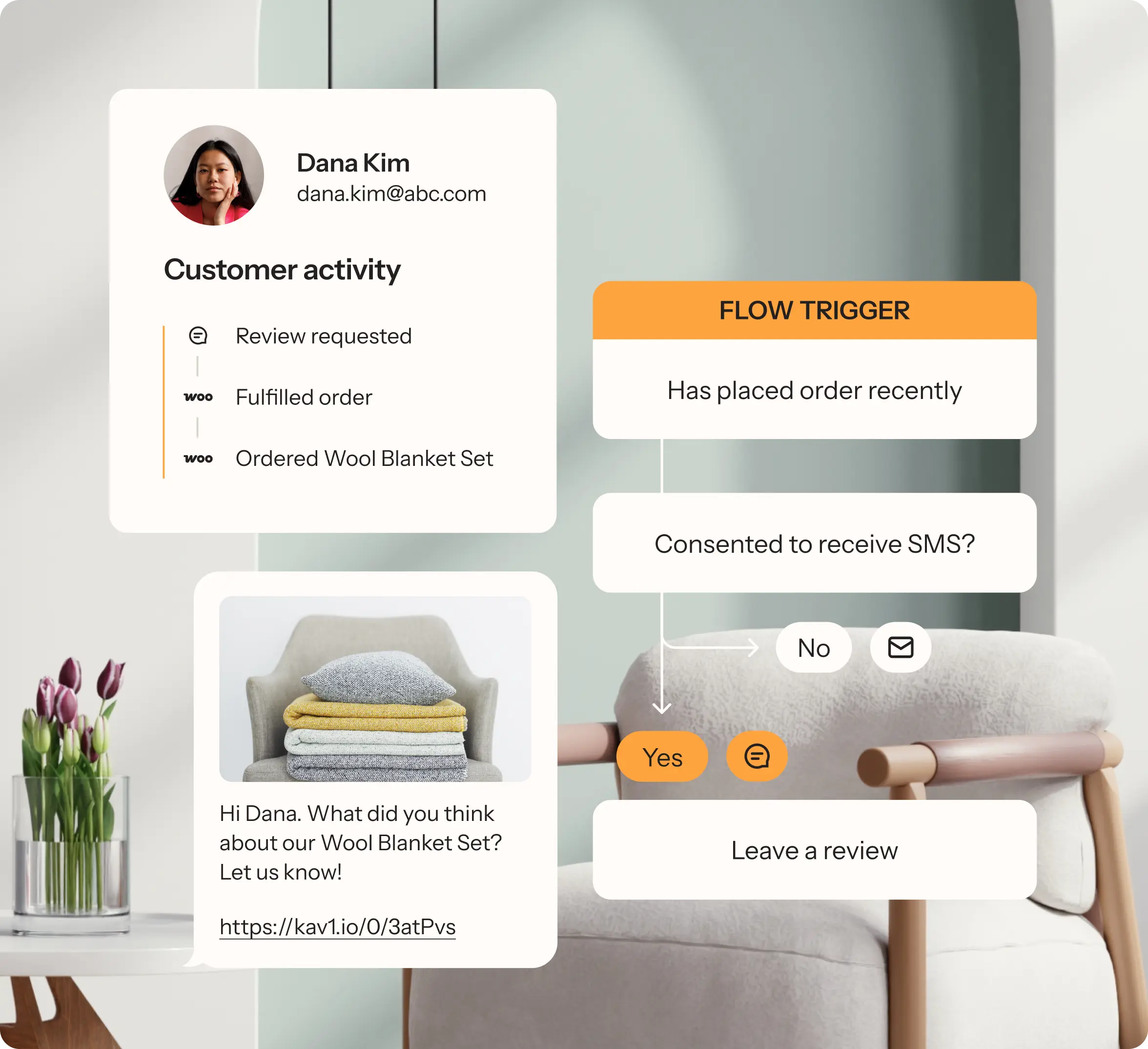 Collage of customer activity, flow trigger, and SMS message interaces in the Klaviyo WooCommerce extension over furniture in a bright, airy home