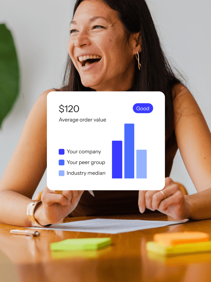 Smiling woman at a desk with an overlaid chart comparing a $120 average order value against benchmarks.