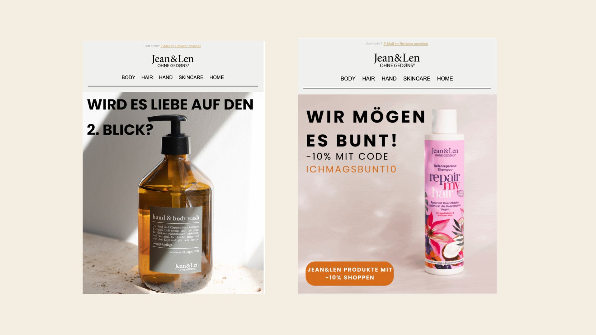 Jean & Len newsletter image showing two product promotions. On the left, a brown glass hand and body wash bottle with the text “Will it be love at second sight?”. On the right, a colorful repair shampoo bottle with a promotion offering 10% off using the code “ICHMAGSBUNT10”.
