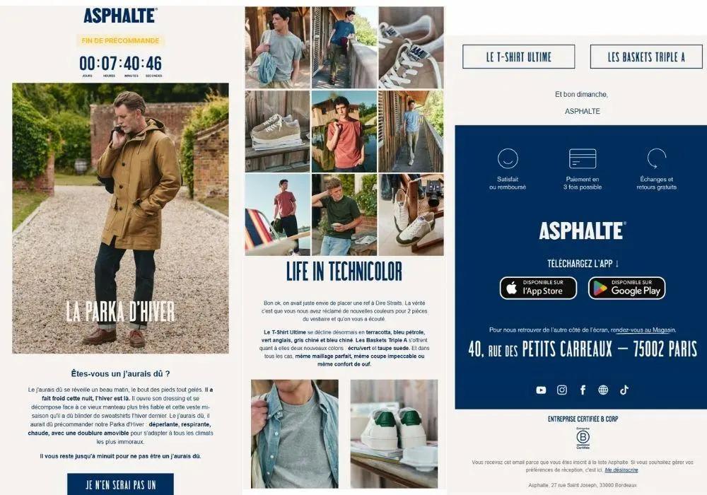 Publicité pour Asphalte avec un homme portant une parka, des images de vêtements et chaussures, et des informations sur l'application mobile.