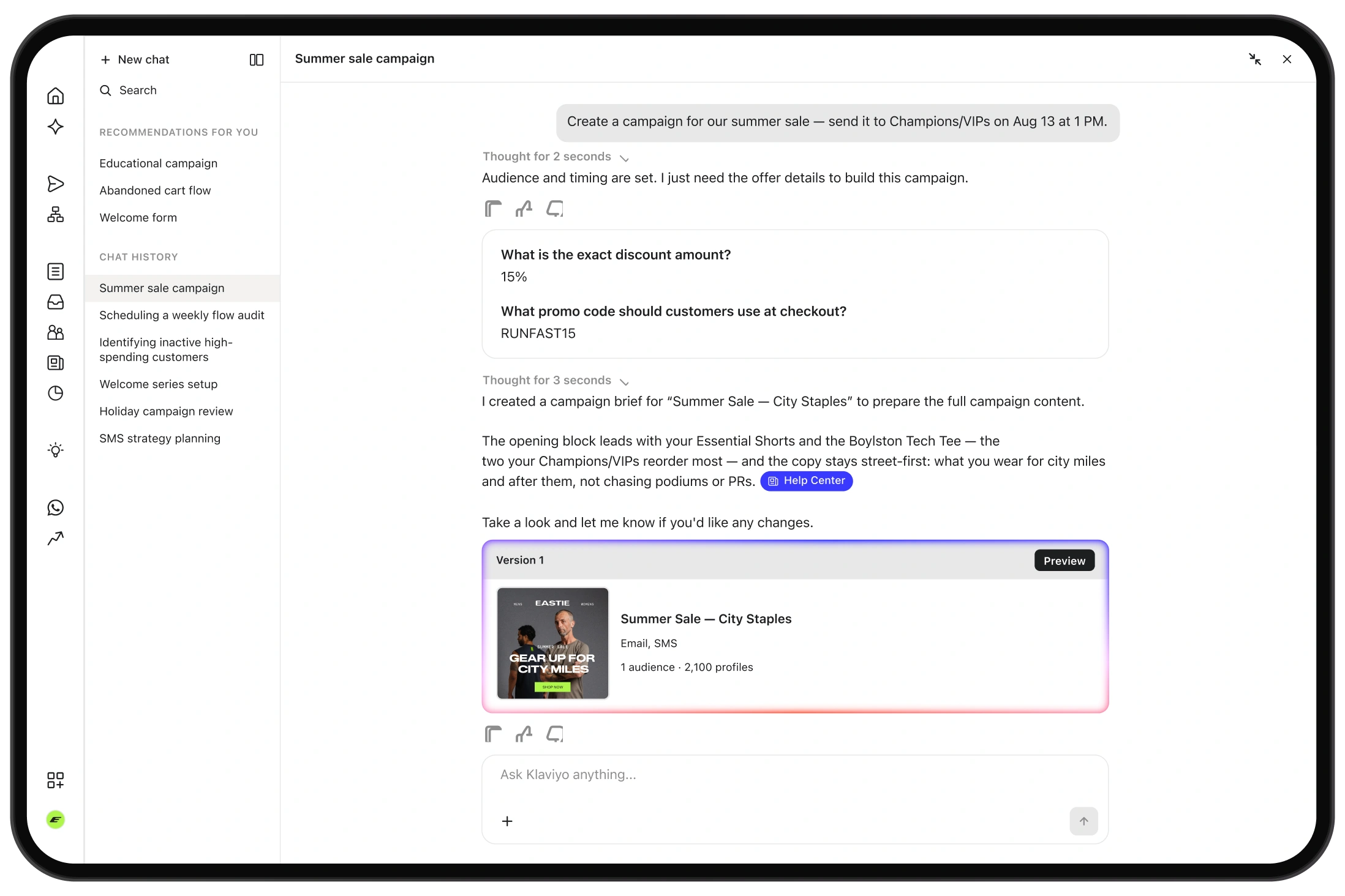 AI chat interface displaying a summer sale email campaign brief and preview.