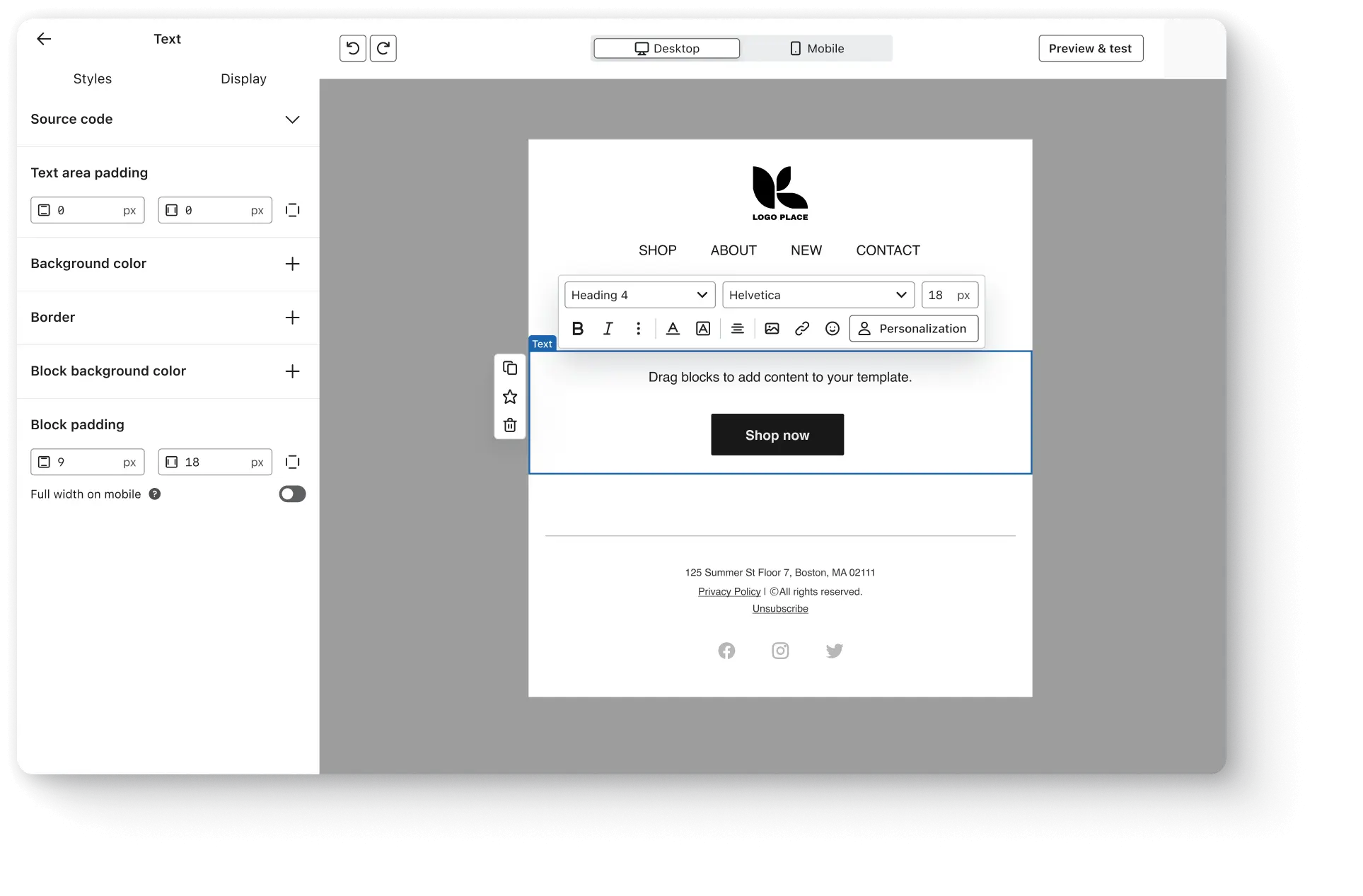 Klaviyo’s email template editor showing settings for an individual section: text padding, background colour, border, text formatting, etc.