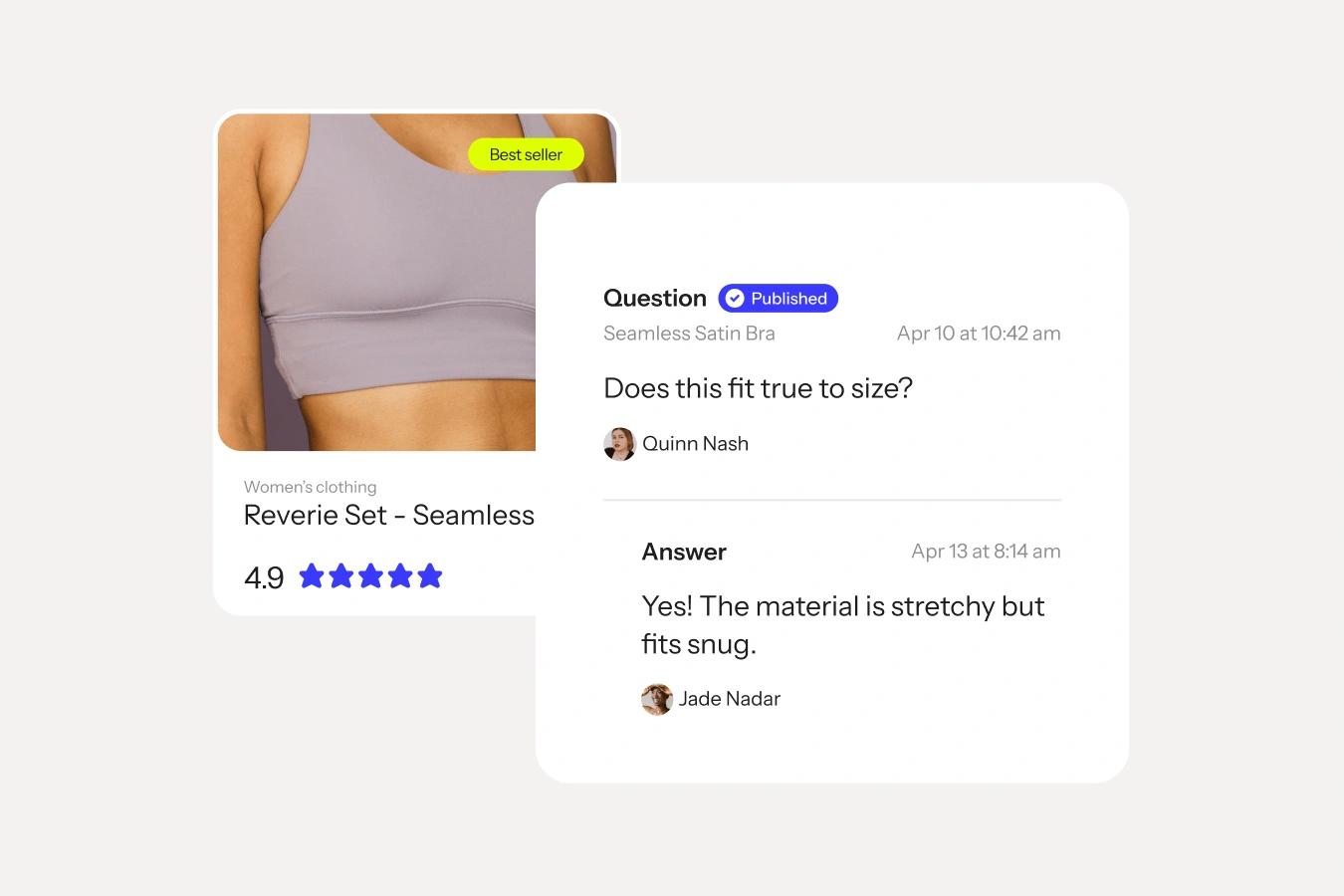 Product card for a seamless bra beside a published customer question and answer about its fit.