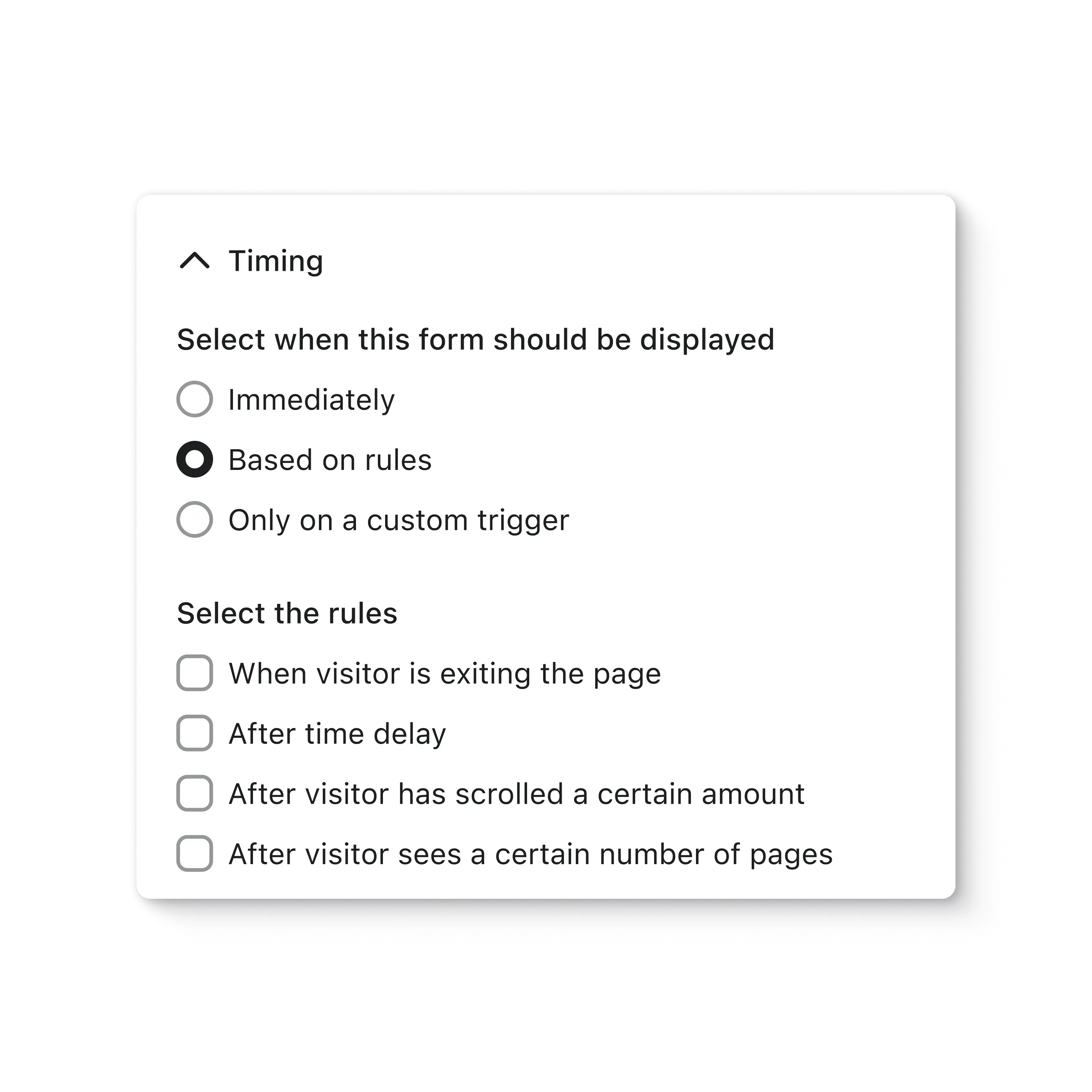 Klaviyo screen showing advanced form targeting settings for timing.