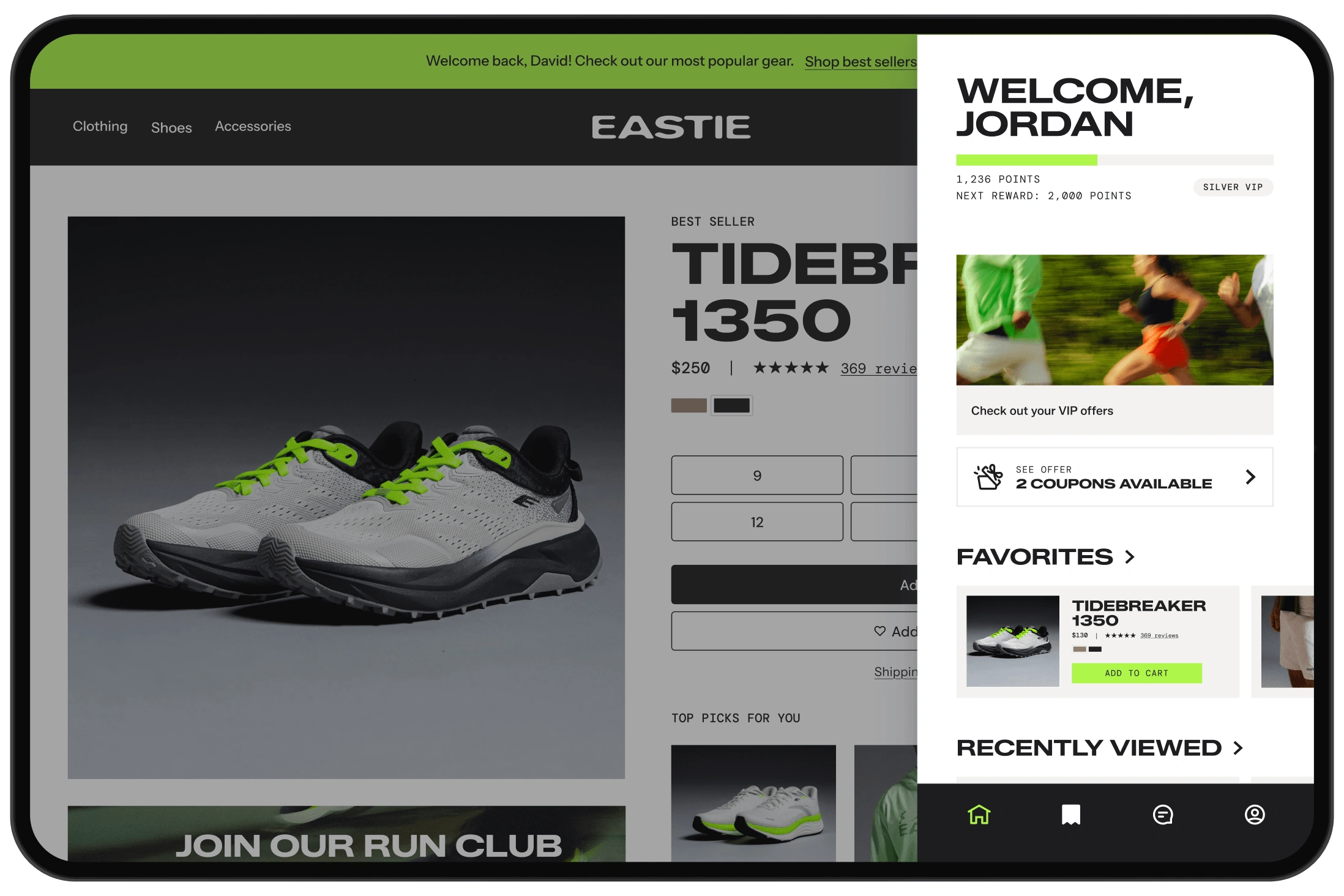 Running shoe product page with a customer rewards panel showing points, coupons, favorites, and recently viewed items.