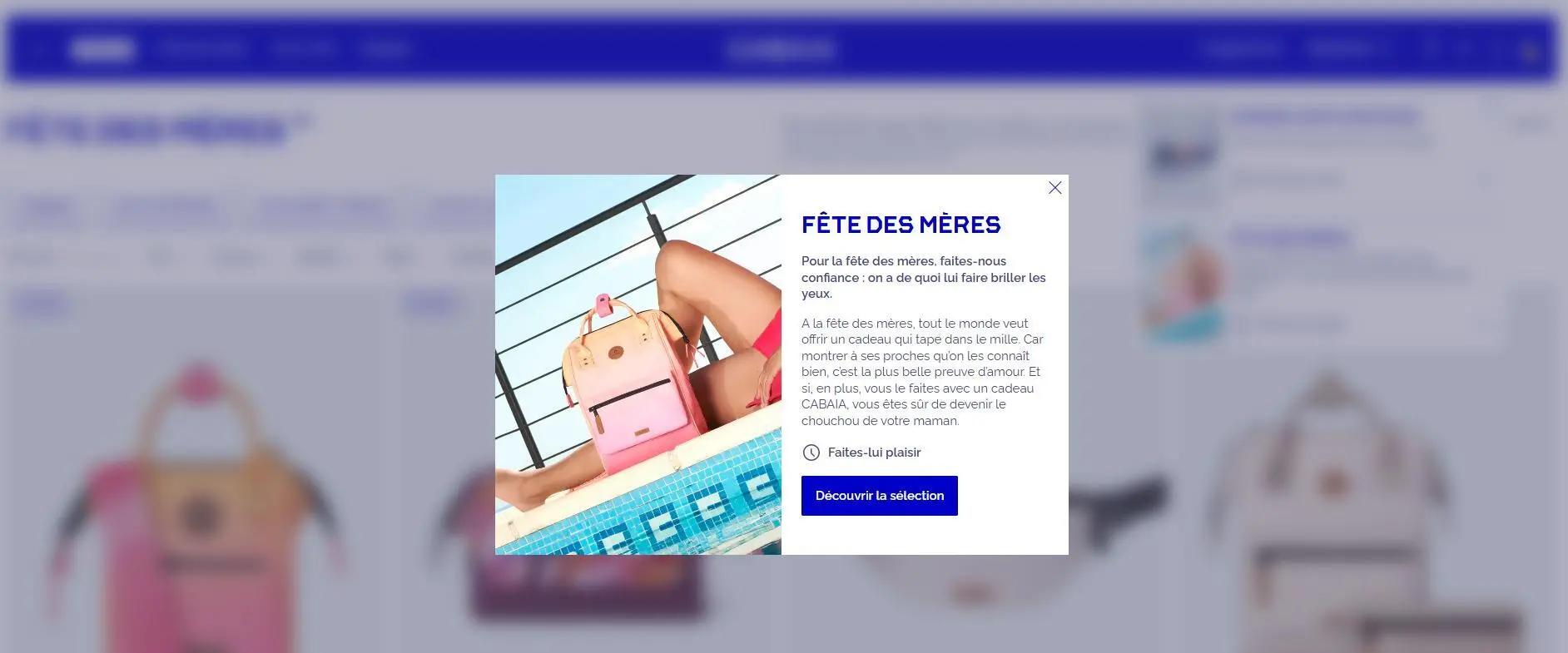 Notification web pop-up de la marque Cabaïa pour une opération spéciale Fête des Mères