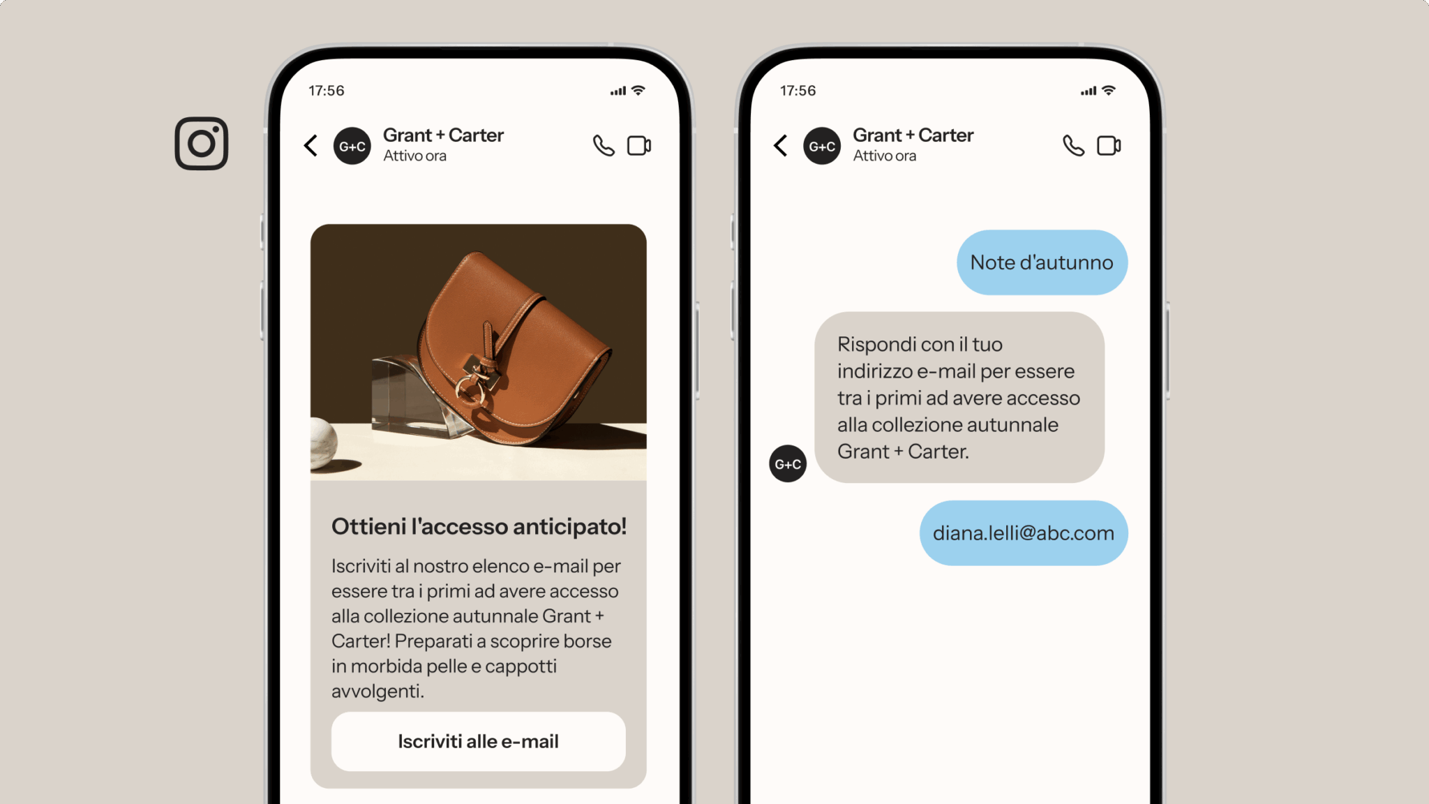 Due schermate di un'app di messaggistica mostrano una borsa marrone e un invito a iscriversi alla collezione autunnale Grant + Carter.