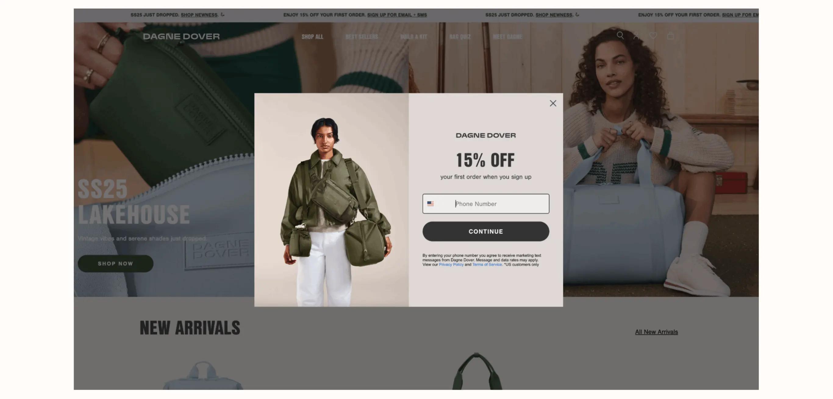 La imagen muestra un formulario de registro en el sitio web de Dagne Dover. Incluye una foto de una modelo con uno de los bolsos de la marca junto al titular «15 % de descuento en el primer pedido al registrarte» y un campo donde los lectores pueden introducir su número de teléfono.