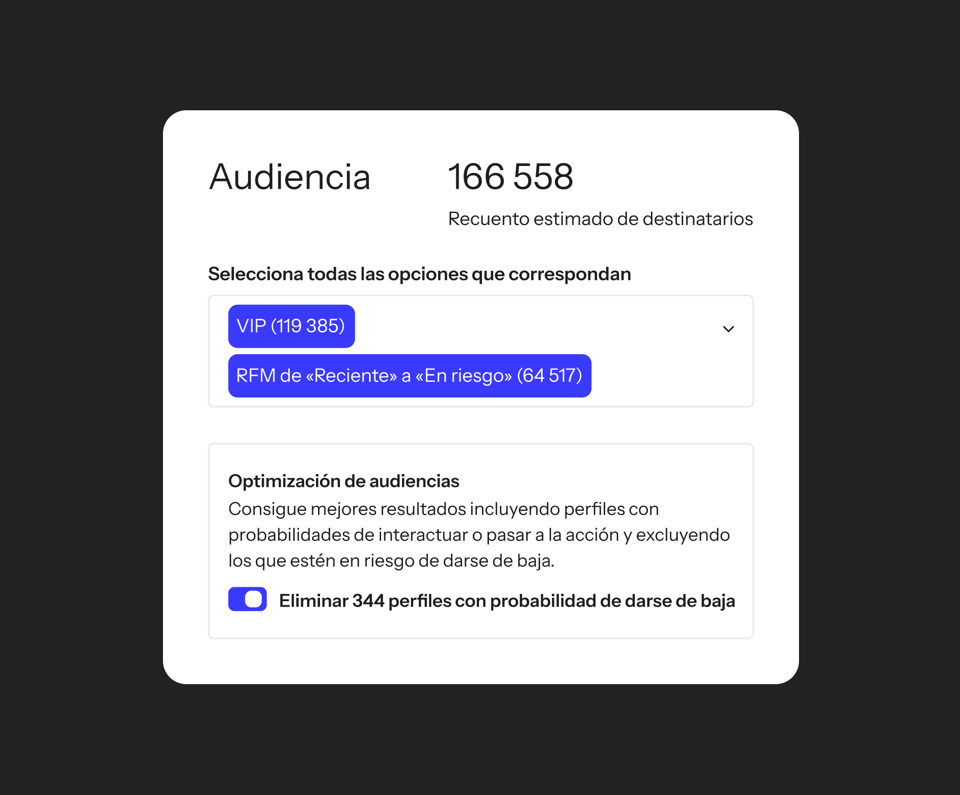The Klaviyo audience panel showing two selected segments — VIPs (119,385) and RFM recent to at risk (64,517) — with an estimated recipient count of 166,558. An "Audience optimization" toggle is enabled to automatically remove 344 profiles likely to unsubscribe.