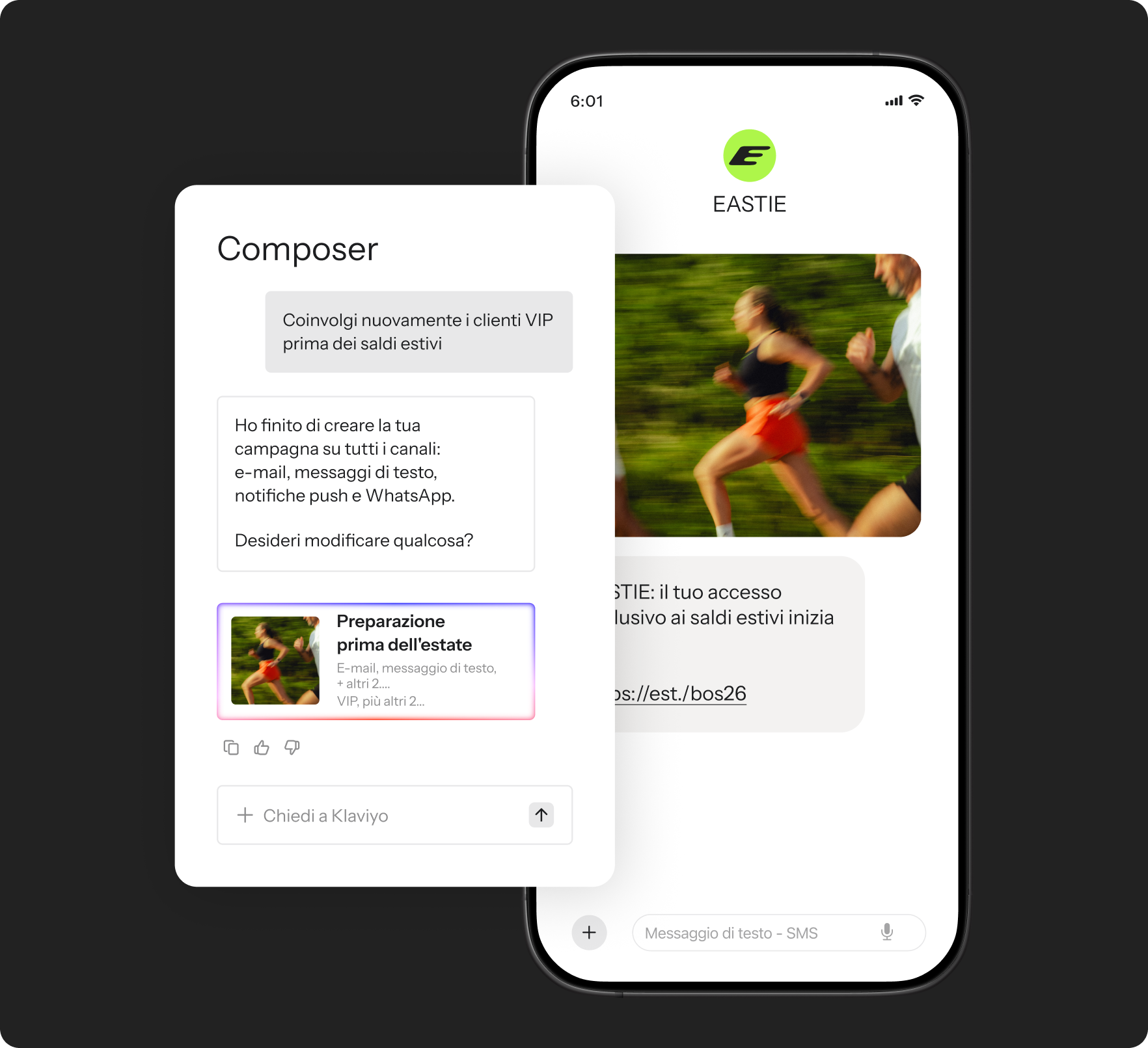 A smartphone displays a messaging app with the EASTIE logo and an image of two people running, overlaid by a 'Composer' window showing options for creating a multi-channel campaign, including a thumbnail of the running image.