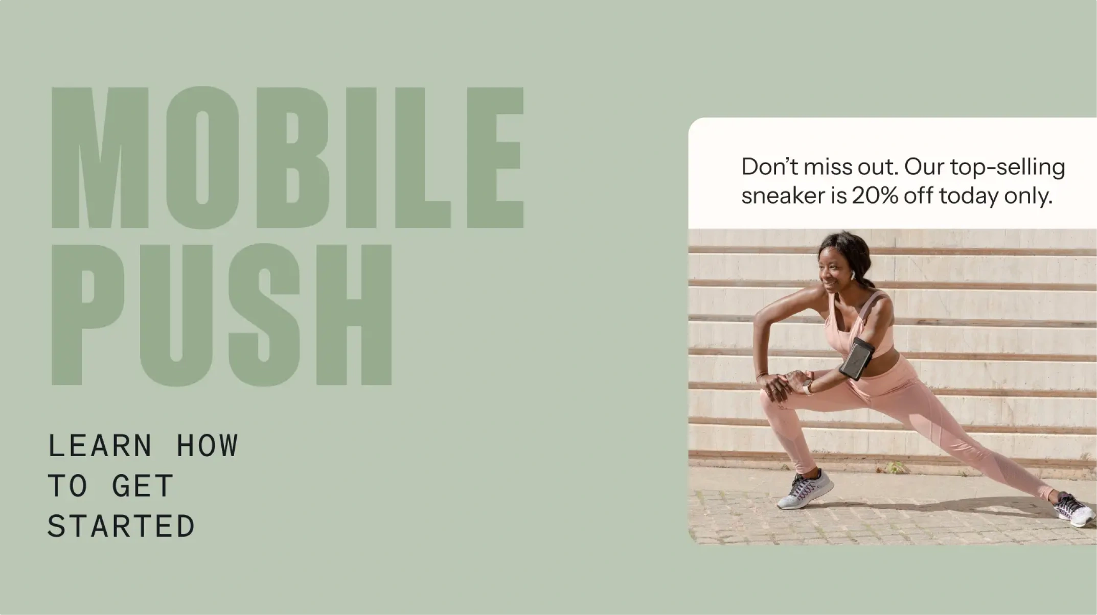 Mobile push promotion graphic featuring a woman in pink workout clothes stretching beside a sneaker sale alert.