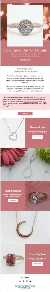 Valentinstag-Geschenkführer mit Schmuckbildern: Diamantring, Herzanhänger, Blumen, Armband, Halskette. Call-to-Action: "Jetzt kaufen".