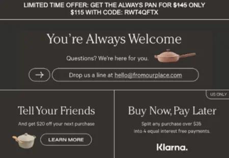 A screenshot from the footer of a welcome email with multiple text panels. In the bottom-left corner, text reads, “Tell Your Friends and get $20 off your next purchase.” Underneath is a call-to-action button that reads, “Learn more.”