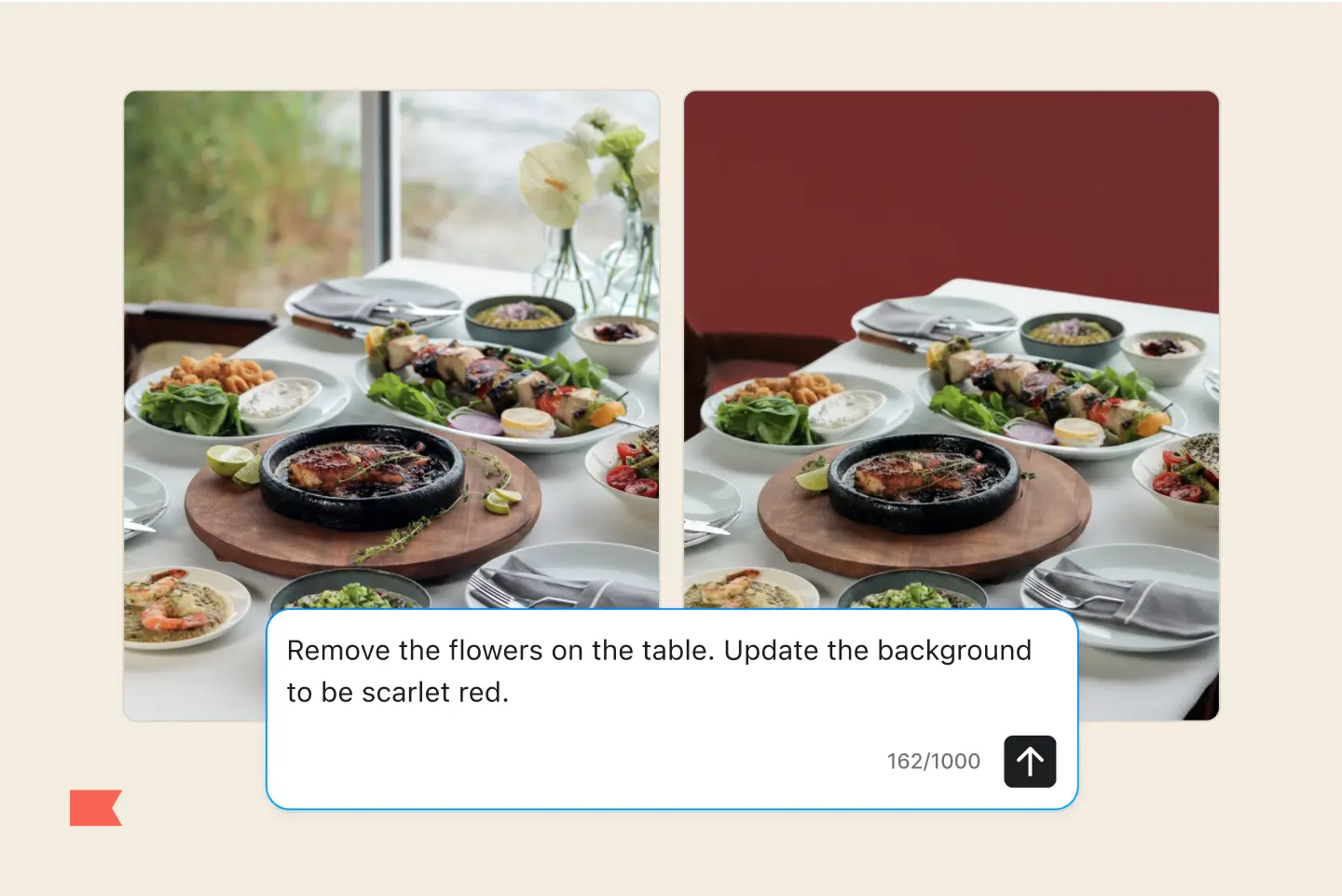 Two images of a table setting with food. Left: flowers and outdoor view. Right: no flowers, scarlet red background.