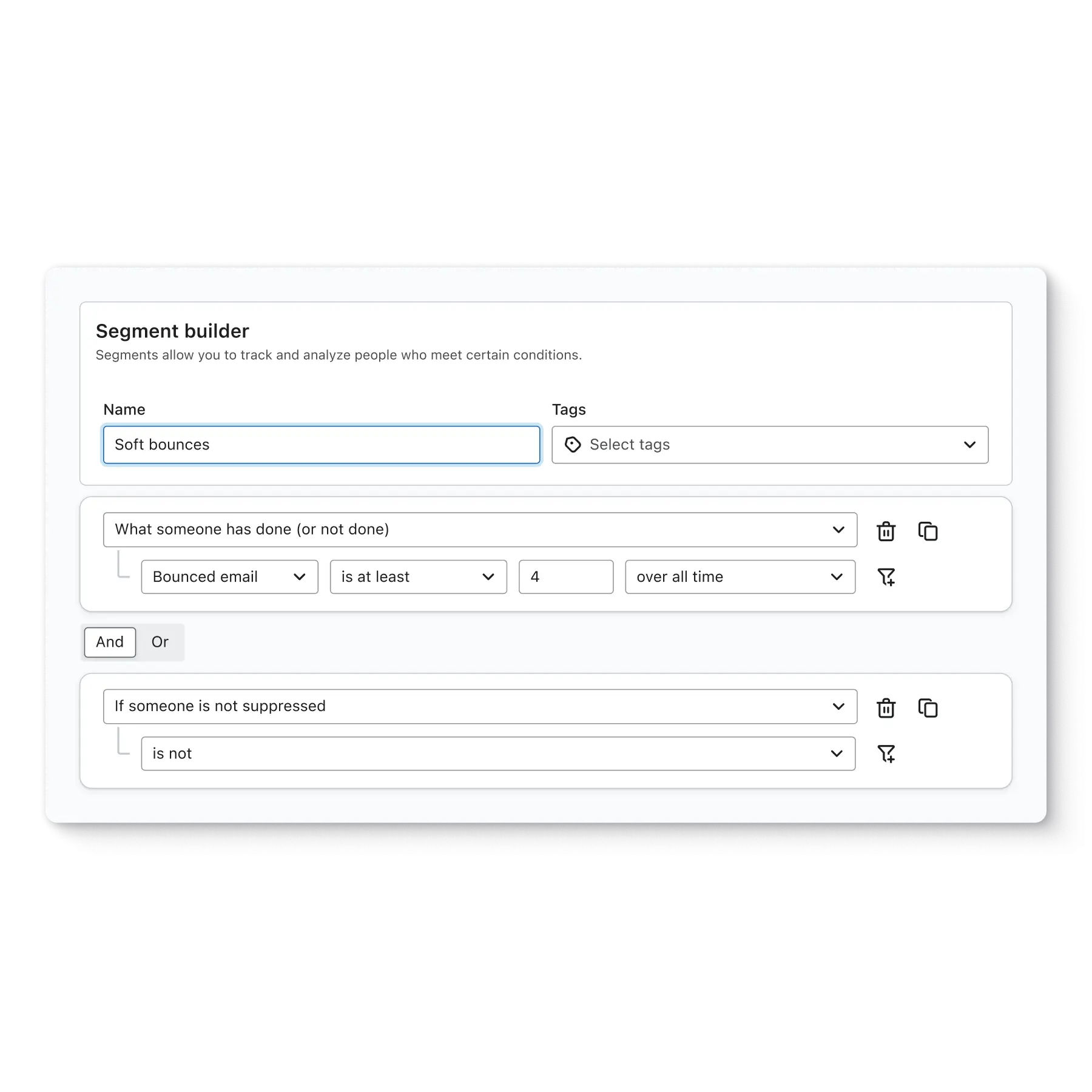 Klaviyo segment builder screen showing how to create a “soft bounce” segment for users who have had emails bounce 4 times.