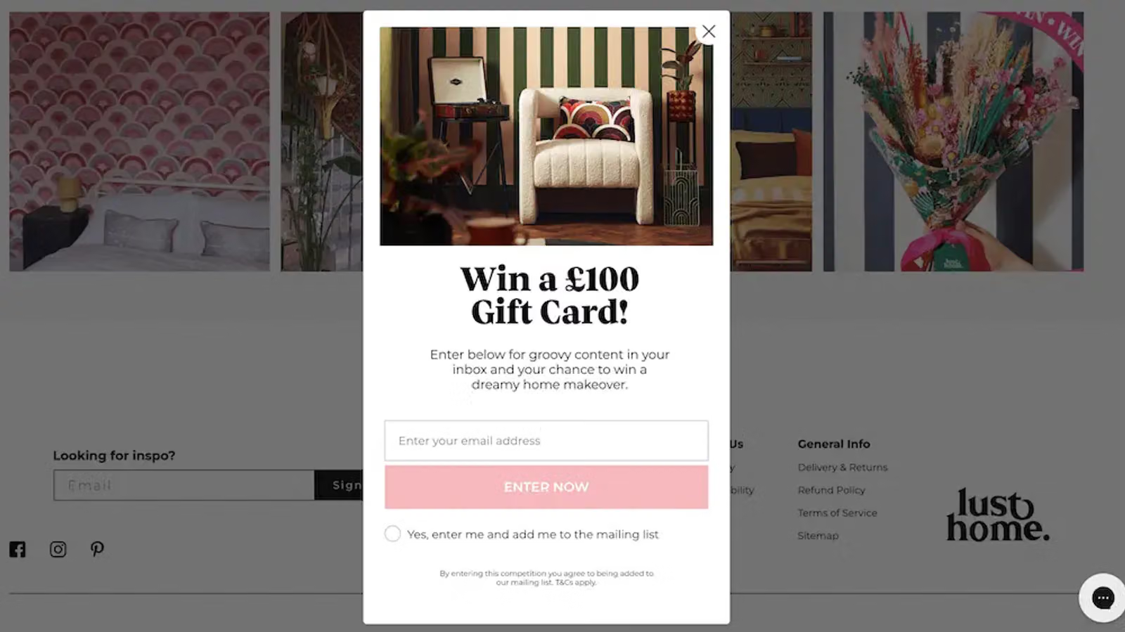 Image shows a prominent pop-up form on the Lust Home homepage, encouraging visitors to sign up for emails by offering the chance to win a “dreamy home makeover.” The form features an image at the top of a small white chair sitting against a wall with green and white striped wallpaper.