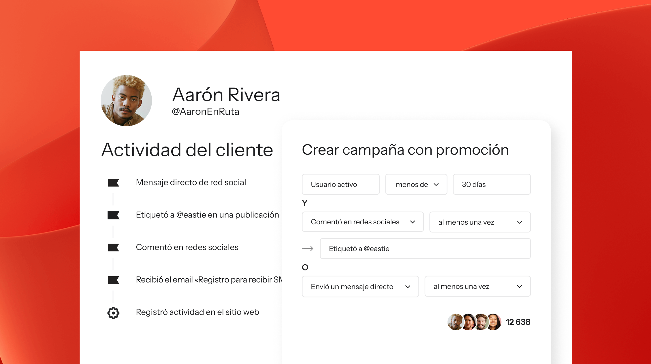 Digital interface showing a customer profile with an activity log, and a form to create a targeted marketing campaign.