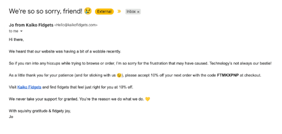 Email from Kaiko Fidgets apologizing for website issues and offering 10% off with code FTMKXPNP.