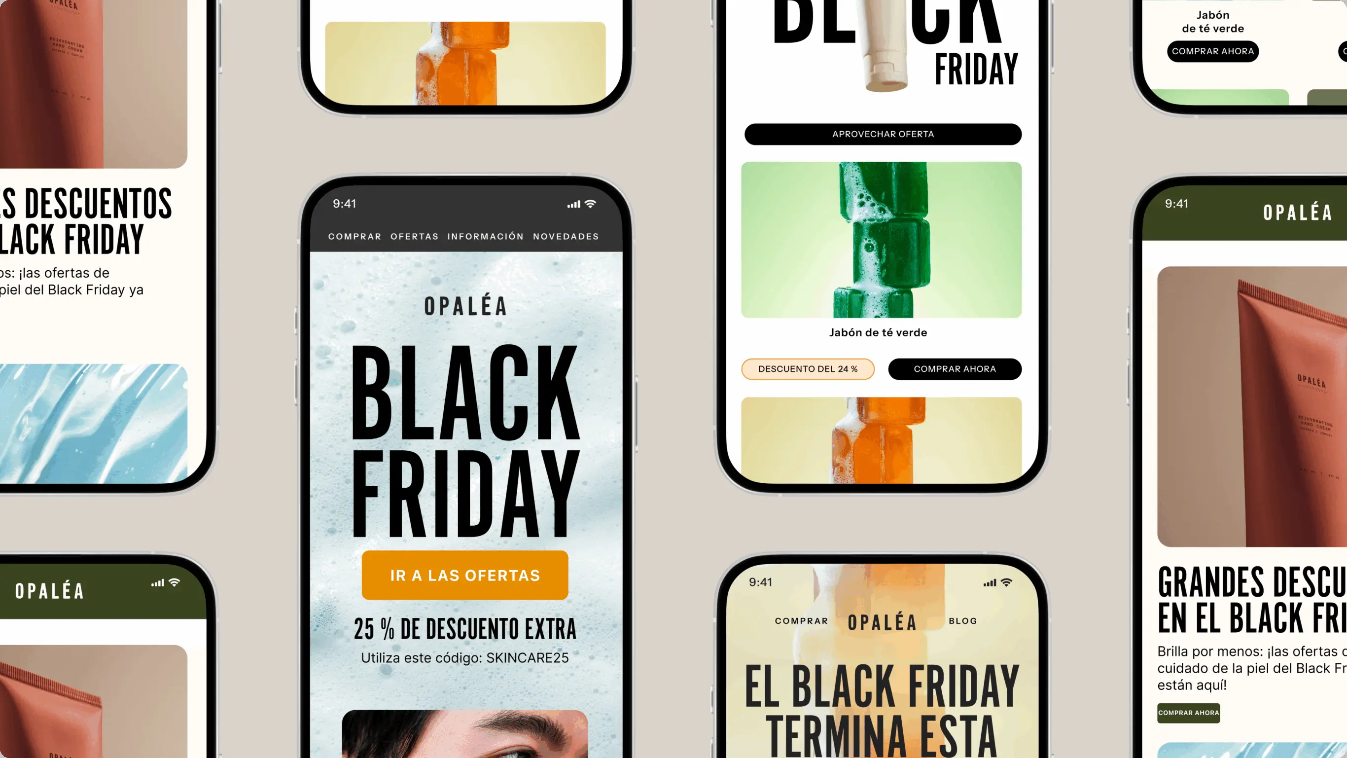 Varias pantallas de móviles muestran ofertas de Black Friday de la marca Opaléa, destacando descuentos en productos de cuidado de la piel.