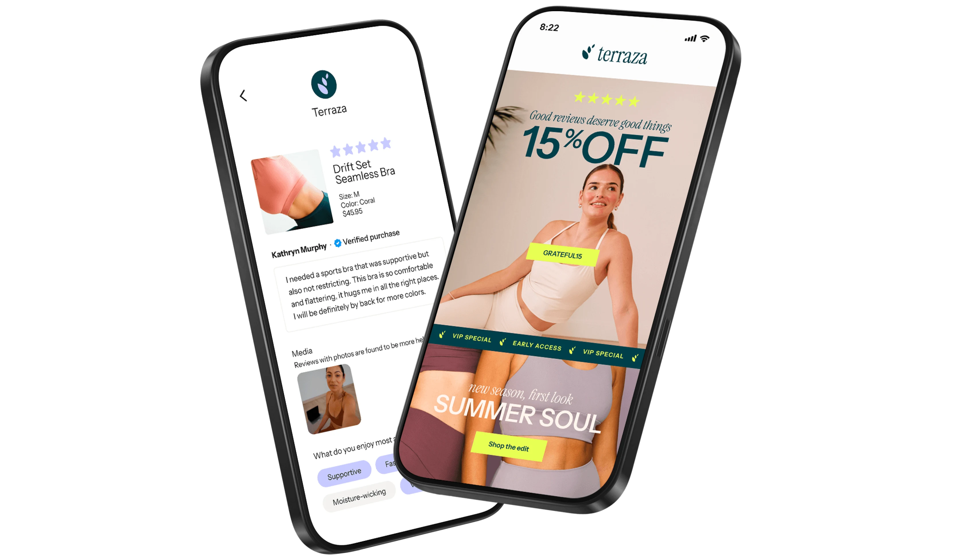 Two smartphones display the Terraza shopping app with a product review and a 15% off activewear promotion.