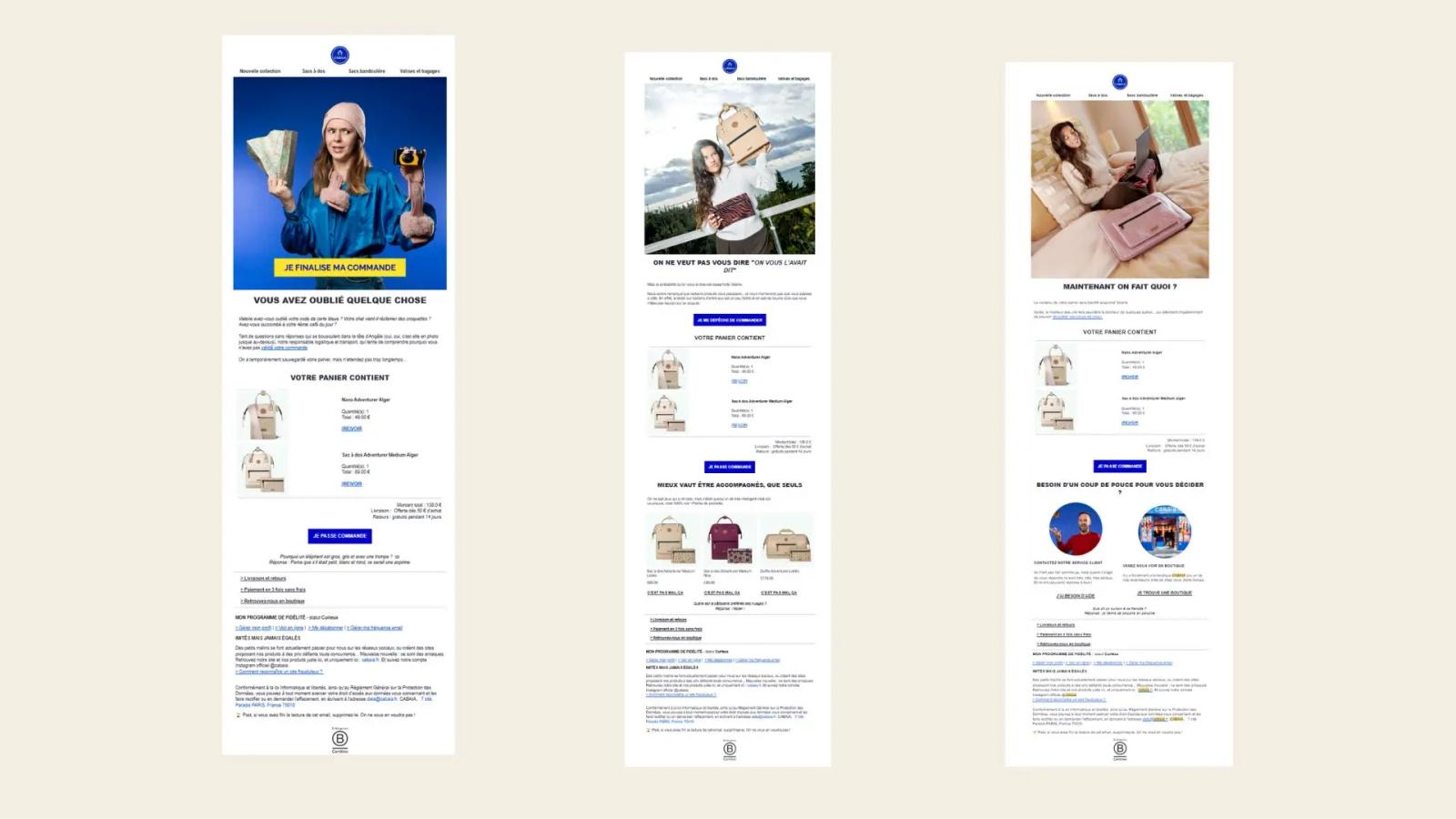 Trois maquettes d'e-mails de panier abandonné, chacune avec une image de personne et des détails de produits, incluant des sacs.