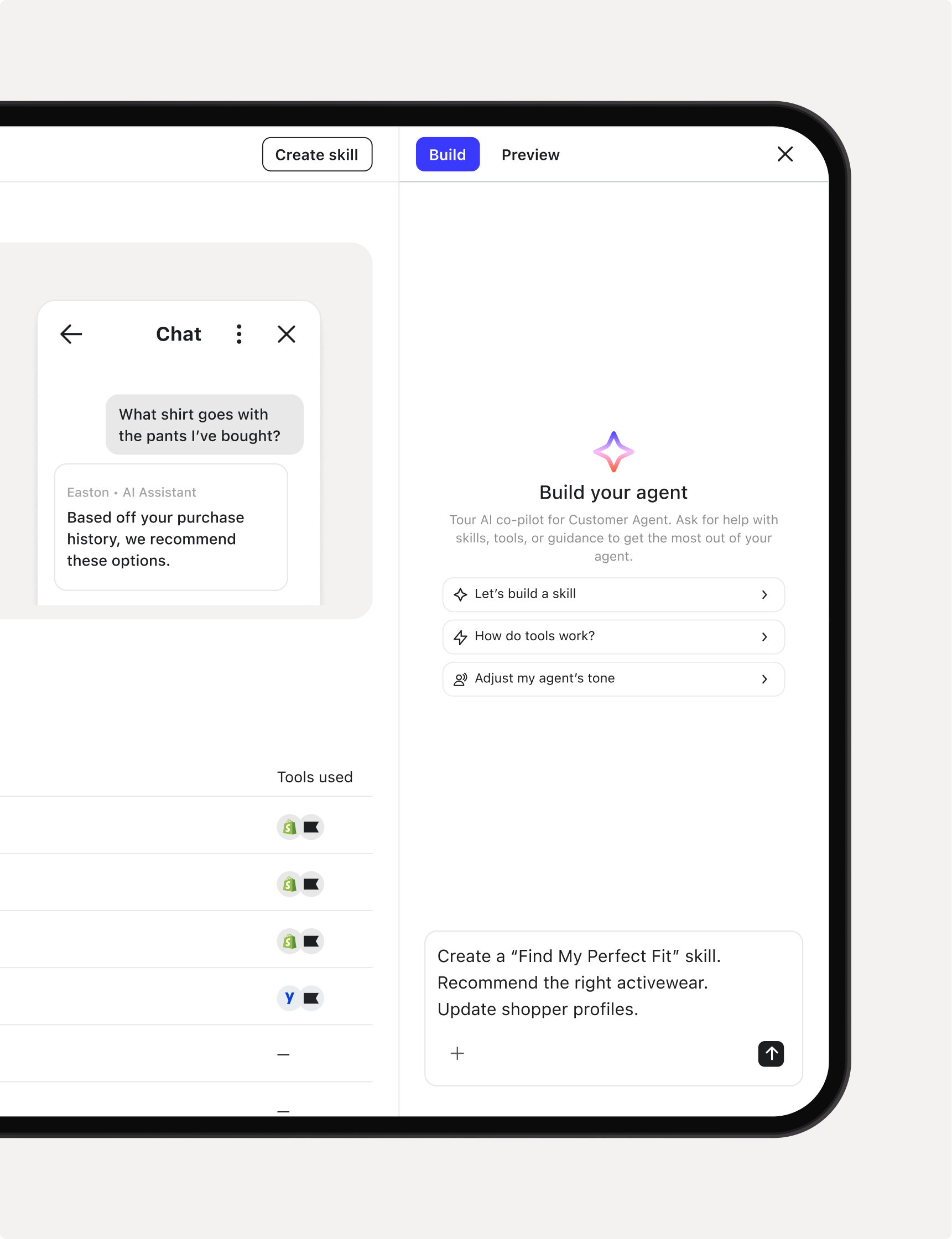 A screen displays an AI assistant interface with a chat demonstrating product recommendations based on purchase history, alongside agent customisation and skill creation tools.