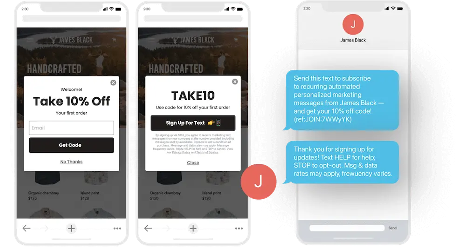 Image shows an example of a multi-step sign up form that asks for an email address on the first screen and offers a click-to-text option for SMS subscription on the second screen.