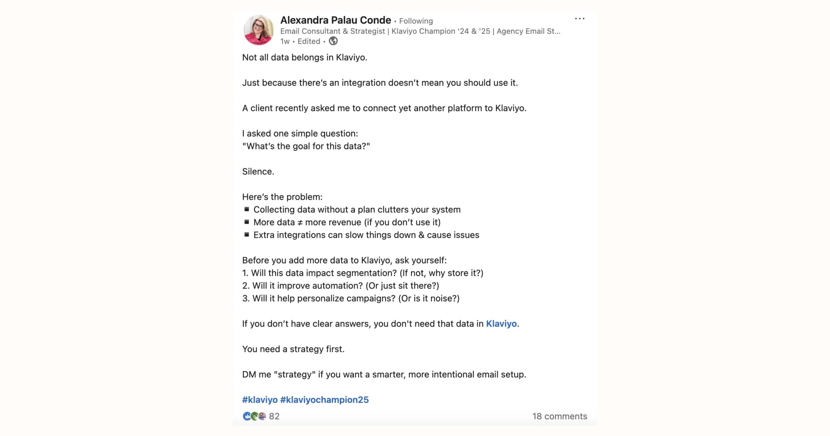 LinkedIn post by Alexandra Palau Conde discussing data integration with Klaviyo, emphasizing strategic planning over unnecessary data collection.