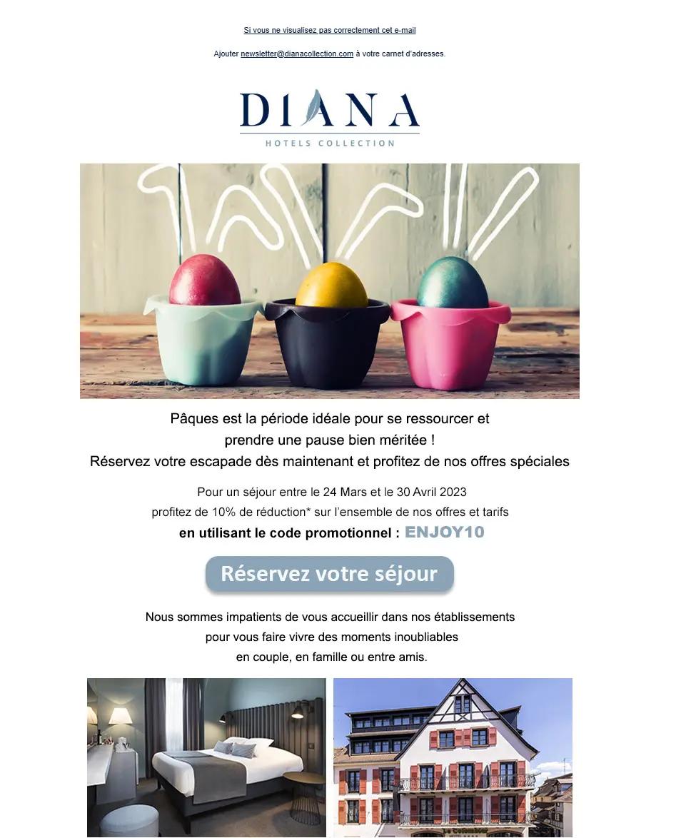 Newsletter d’un hôtel annonçant une offre spéciale pour Pâques avec une réduction de 10% sur les séjours, illustrée par une image de trois œufs colorés dans des coquetiers et des photos de l’établissement.