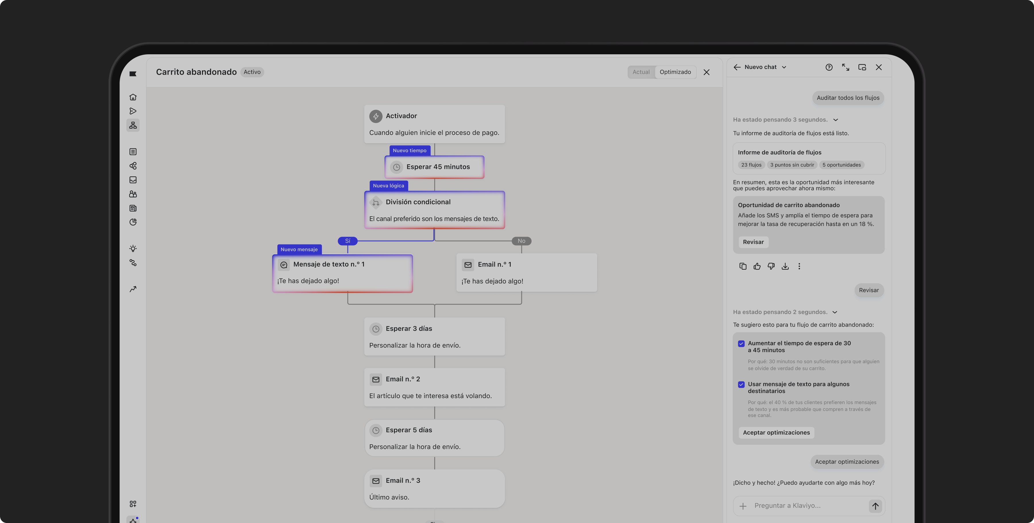 A tablet displays an abandoned cart marketing automation flowchart with a side panel of insights.