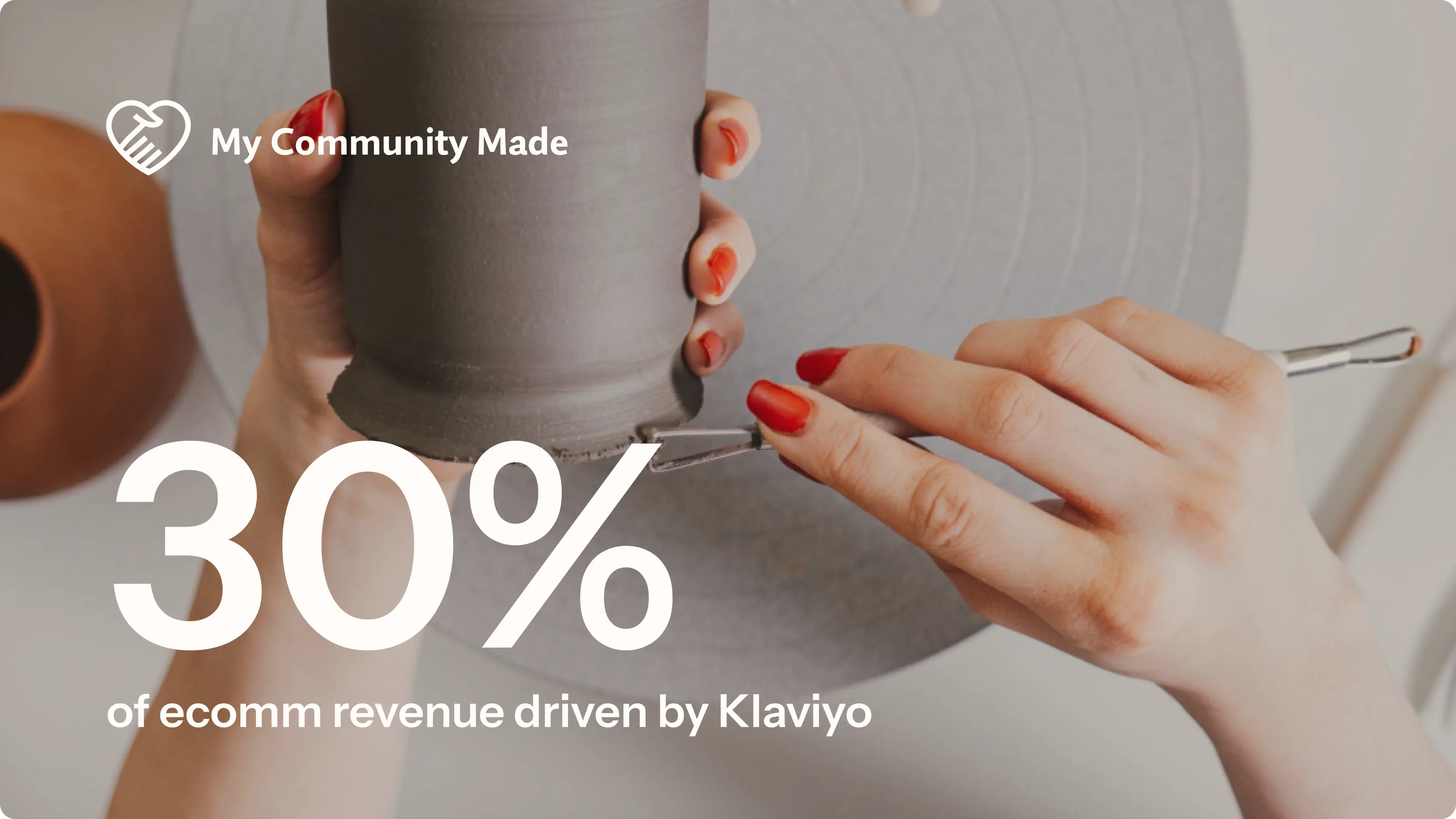 My Community Made logo and 30% of ecomm revenue driven by Klaviyo overlaid on a close-up of someone designing pottery