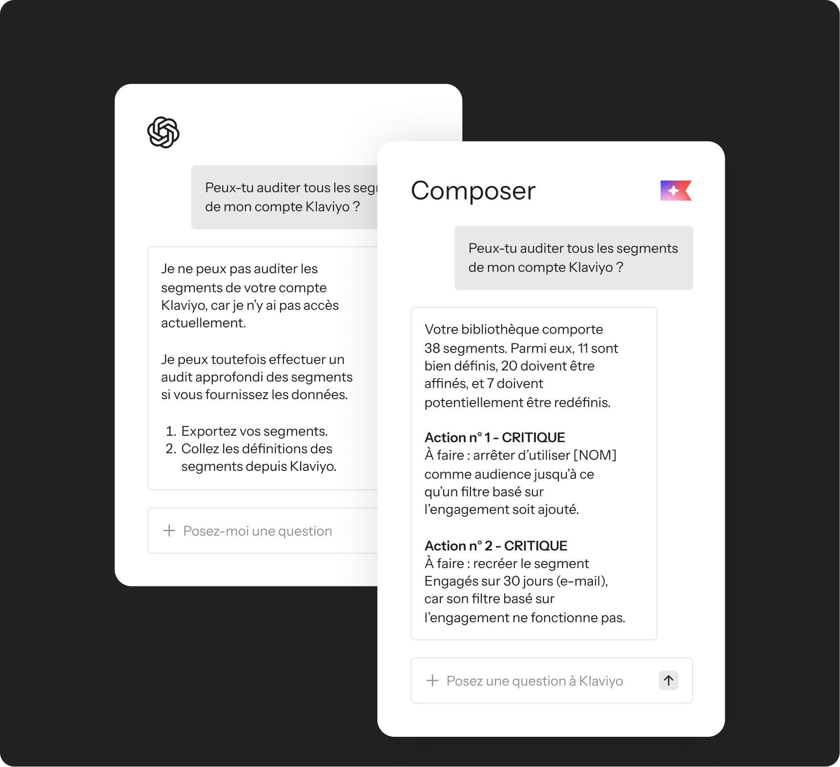 Two chatbot interfaces, ChatGPT and Composer, discussing auditing Klaviyo segments, with Composer displaying detailed analysis and critical actions.