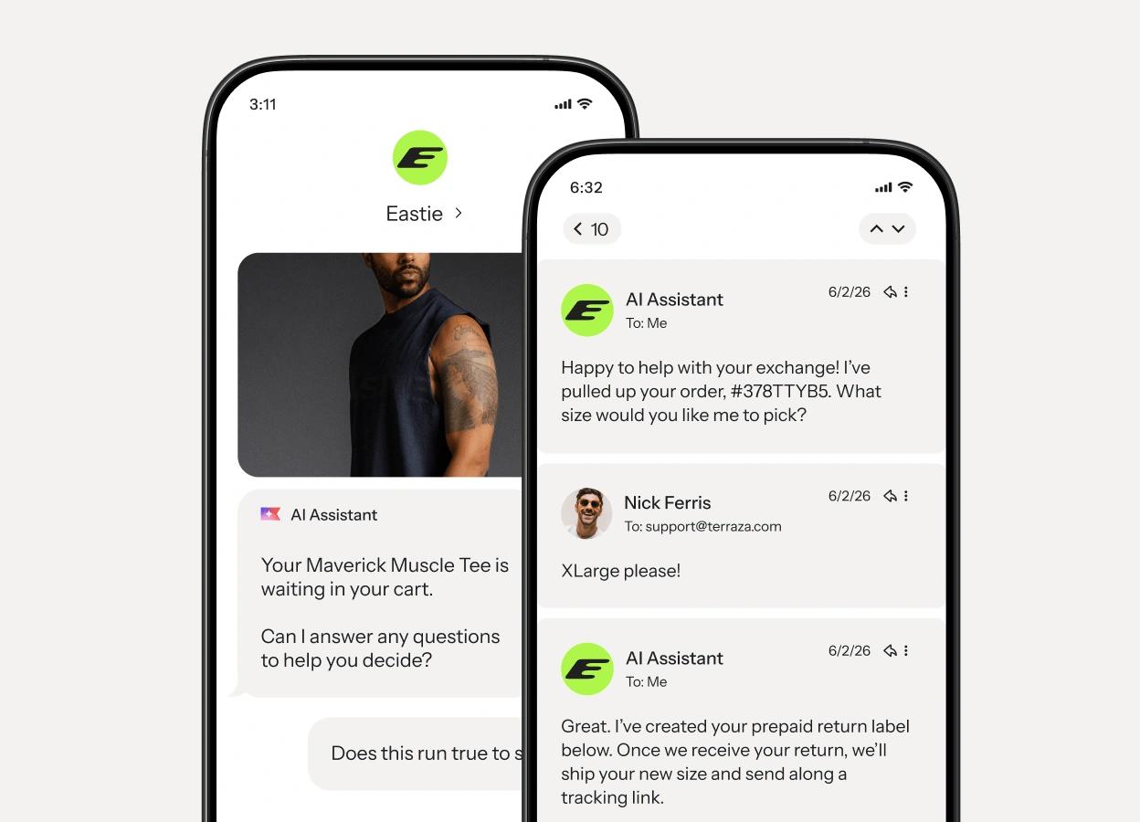 Two smartphones show an AI shopping assistant helping a customer choose a shirt size and arrange an exchange.