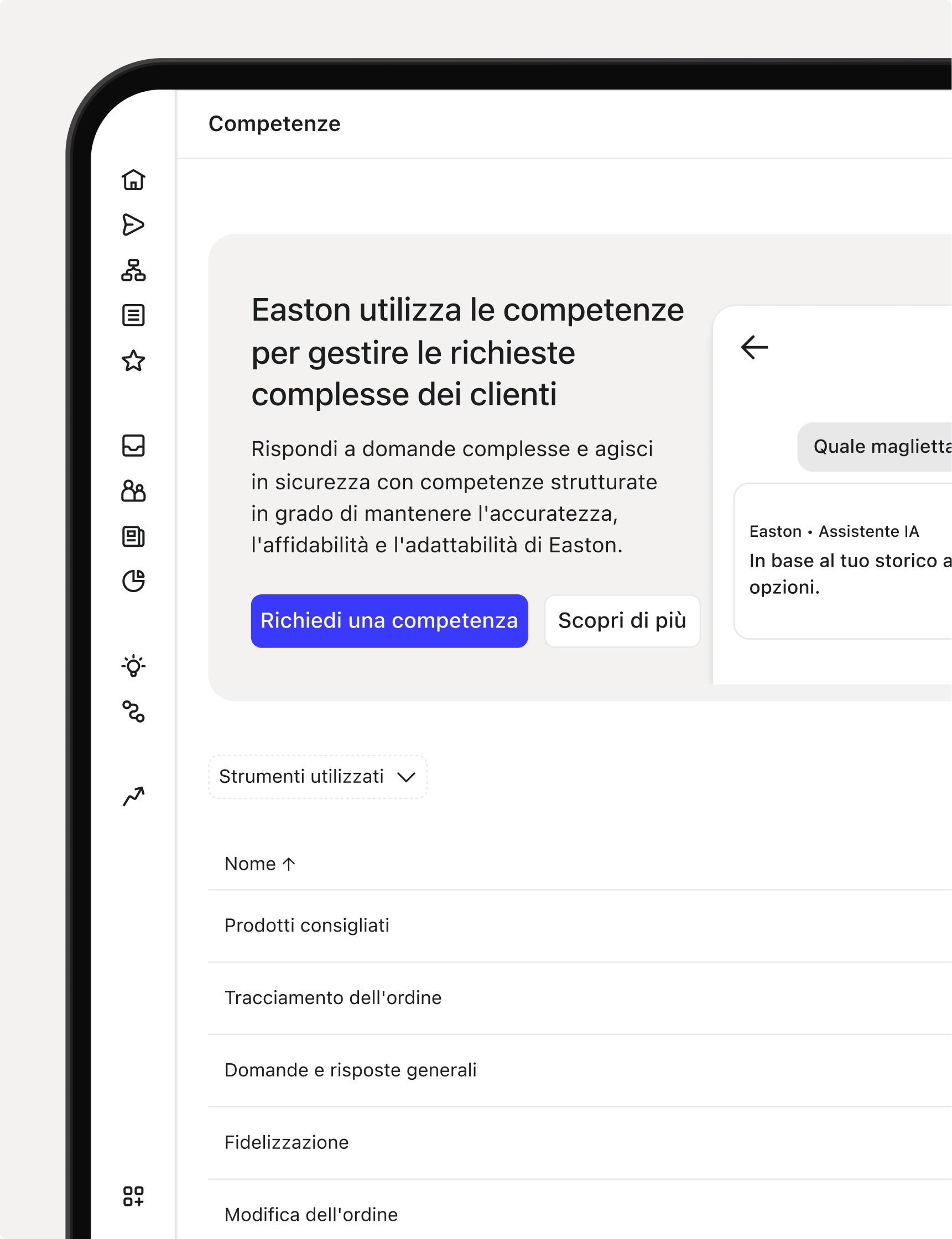 A digital interface in Italian titled "Competenze" (Skills), displaying a description of Easton's capabilities for managing customer requests and a list of "Strumenti utilizzati" (Tools used).
