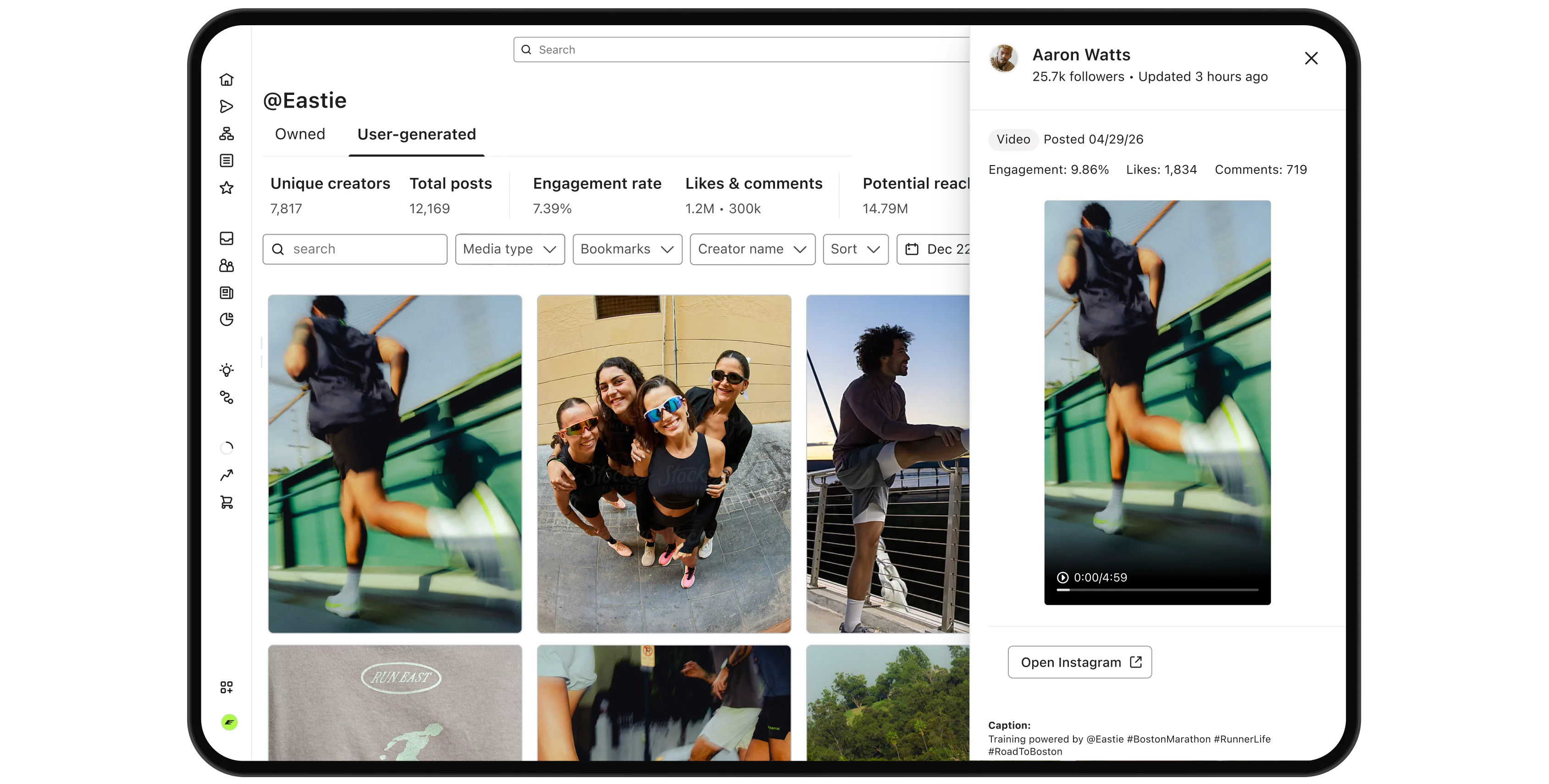 Social media dashboard showing user-generated running posts and a video preview of a runner.
