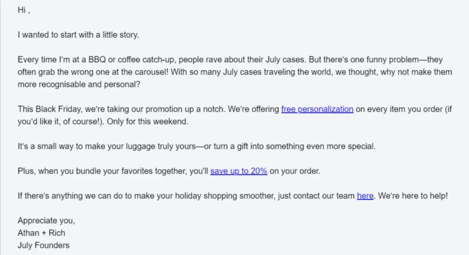Image shows a text-based email against a gray background. The links within the email are classic blue hyperlinks within the text, including “free personalization”, “save up to 20%,” and “here.”