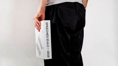 Speeches That Changed the World publication design – book spine reading "Speeches 33 A.C. — 2019", lifestyle photography