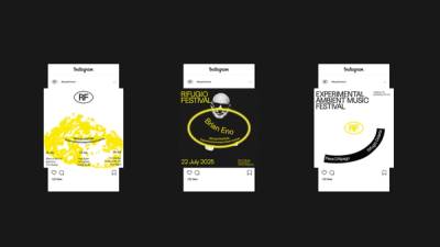 Rifugio Festival identity design – social media templates showing lineup poster, artist spotlight, and venue directions