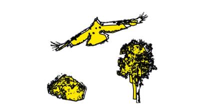 Rifugio Festival identity design – brand illustration set, yellow and black bird, rock, and tree on white background