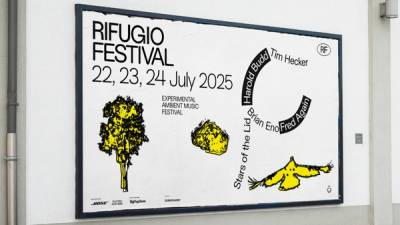 Rifugio Festival identity design – outdoor poster with yellow illustrated nature motifs and curved artist lineup typography