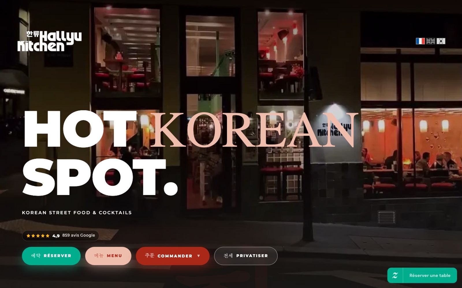 Hallyu Kitchen — meilleur restaurant coréen et asiatique Paris 9 : barbecue, burger, fried chicken (page d'accueil avec CTA Réserver, Menu, Commander, Privatiser)