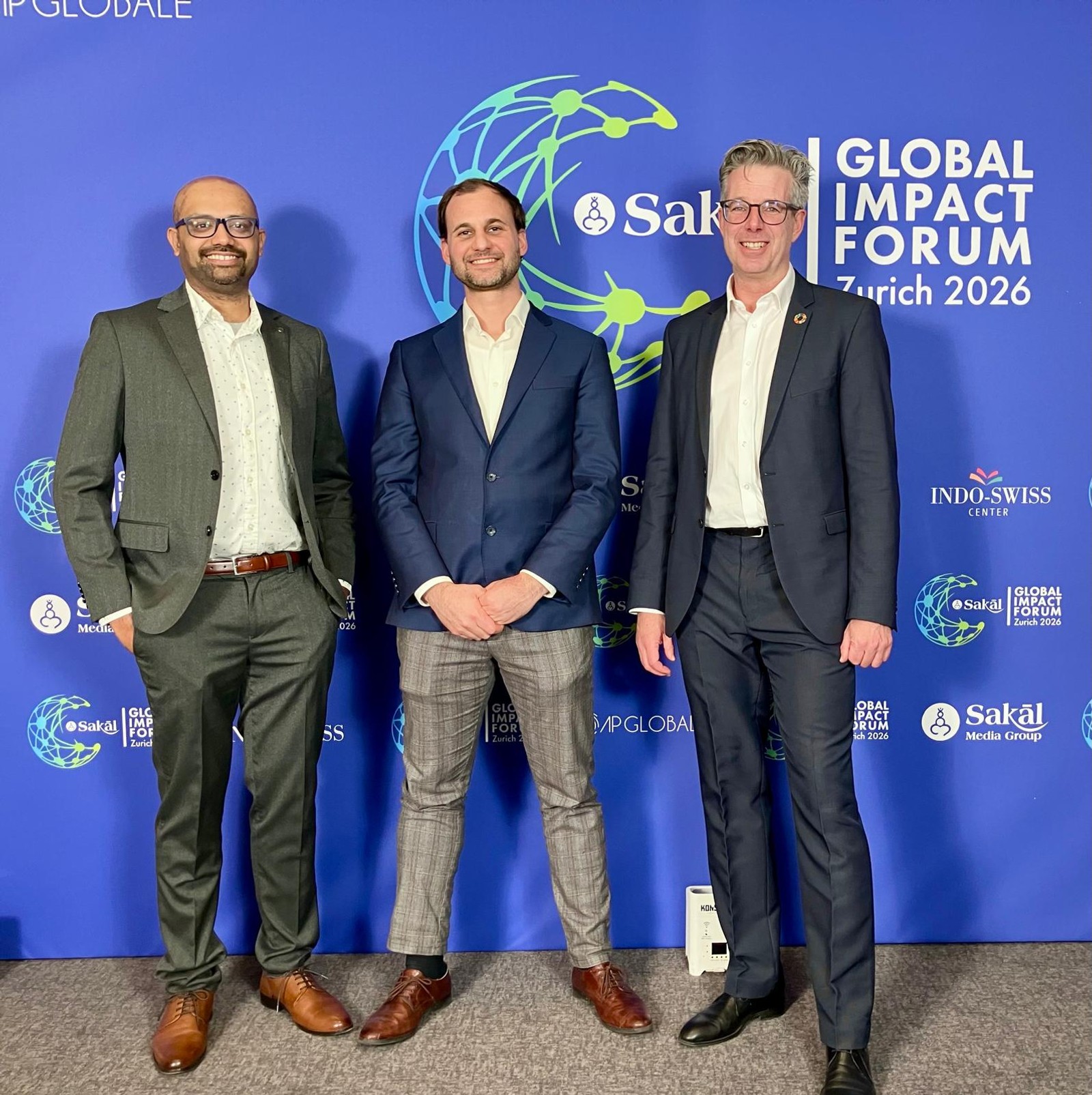 Sourav Kumar Biswas (Sponge Collaborative), Hannes Zander (ISD), and Clive Hildering (360 Carbon) at the 2026 Global Impact Forum