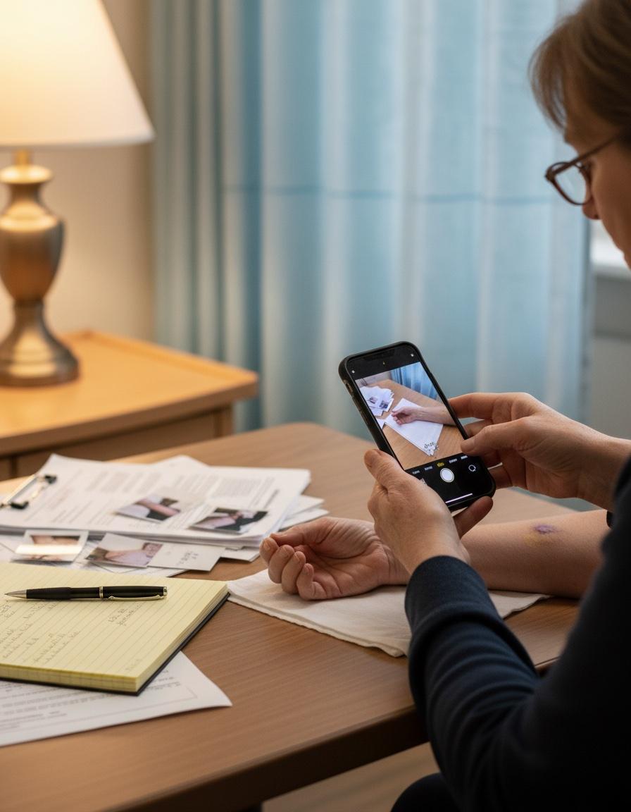 A family member photographing medical documents and injury evidence with a smartphone to document nursing home abuse