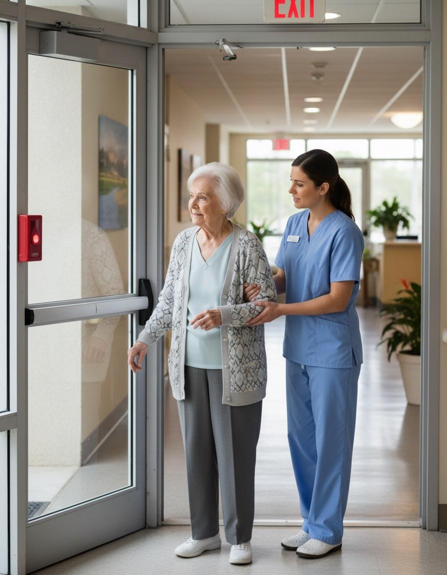 A nurse helping an elderly woman near an exit door in a nursing home facility, illustrating elopement prevention and resident supervision