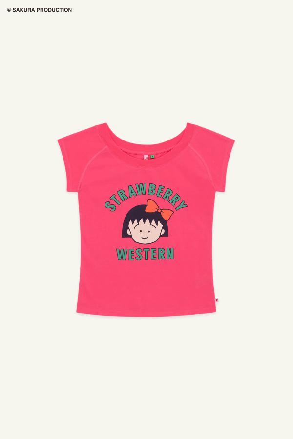 Flat image of the Chibi Maruko Chan Raglan top in Hot Pink. The shirt reads "Strawberry Western" in green lettering with Chibi Maruko-chan's face in the middle.