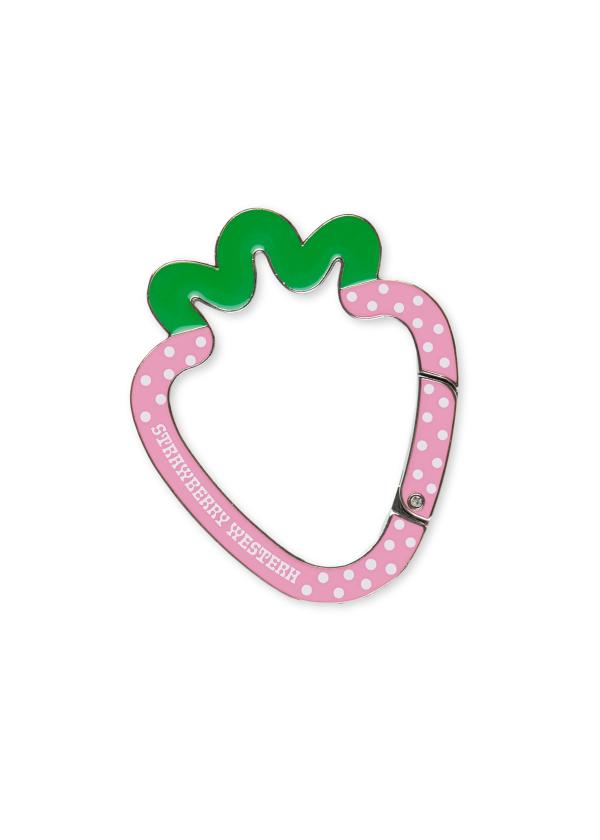 Strawberry shaped metal carabiner in pink and green enamel with white polka dots and Strawberry Western logo.