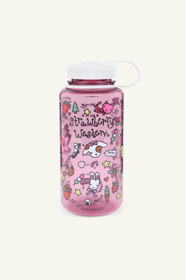 Front view of 1000ml / 32oz Sustain Nalgene wide-mouth water bottle in cherry blossom pink with a white cap and cute forest friend drawings.