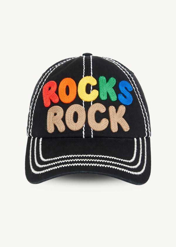 Front view of a black dad cap with white stitching and multi-color embroideries that say ROCKS ROCK.