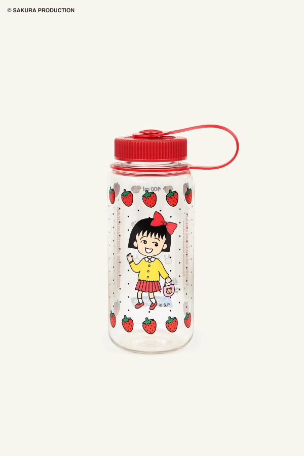 Flat image of Chibi Maruko Chan Mini Nalgene Bottle. Clear bottle with a red cap, strawberries, and school-girl Chibi Maruo-chan.