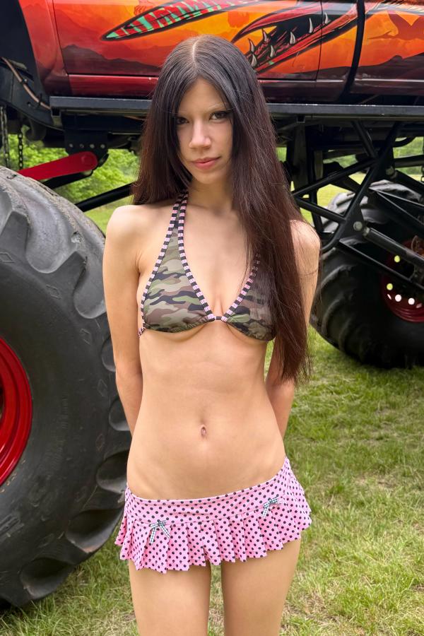 Pink Polka Dot micro pleated skirt bikini bottom with attached gingham bikini bottoms. Gingham bows at front.